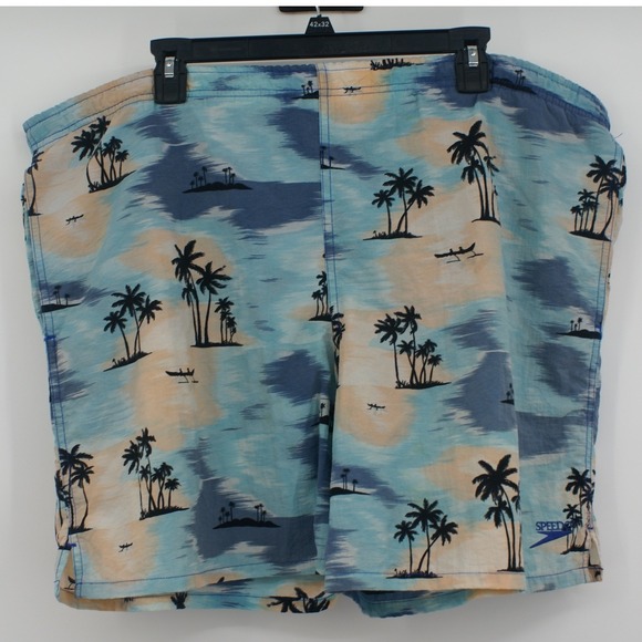 Speedo Other - Vintage Speedo Mens Tropical Palm Tree Swim Trunks Blue Peach Large Summer Retro